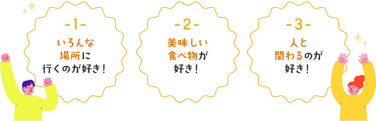 1.いろんな場所に行くのが好き！2.美味しい食べ物が好き！3.人と関わるのが好き！